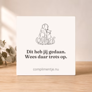 Tegeltje 15 × 15 cm met houten houder met een compliment erop, in een sfeerbeeld