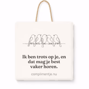 Tegeltje 15 × 15 cm met tegelhanger met een compliment erop, in een sfeerbeeld