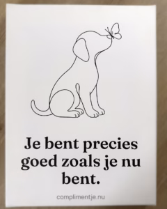 Wit canvas met een lijntekening van een zittend hondje dat naar een vlinder kijkt, met daaronder de tekst Je bent precies goed zoals je nu bent